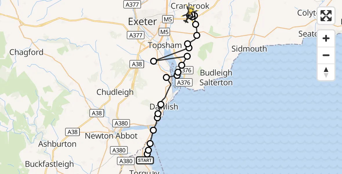 Flight route Police Helicopter Torquay - Exeter International Airport, 16 September 2026, 16:50