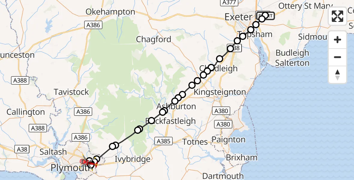 Flight route Air Ambulance Helicopter Exeter International Airport - Sherford, 16 September 2026, 16:52