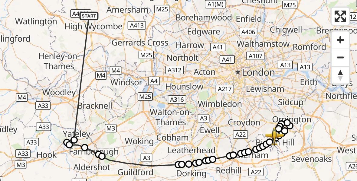 Flight route Police Aircraft Naphill - London Biggin Hill Airport, 16 September 2026, 16:57