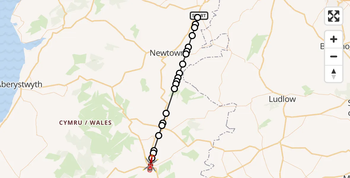 Flight route Air Ambulance Helicopter Welshpool Airport - Llanelwedd, 16 September 2026, 17:03
