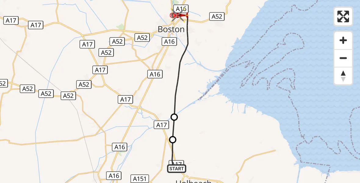 Flight route Air Ambulance Helicopter Saracen's Head - Boston, 16 September 2026, 17:15