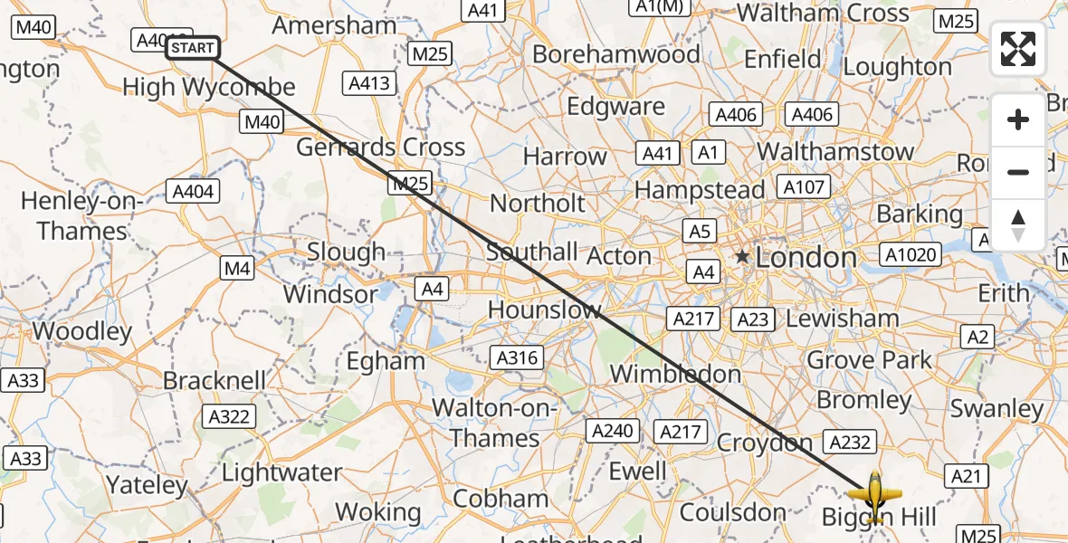 Flight route Police Aircraft Naphill - London Biggin Hill Airport, 16 September 2026, 17:25