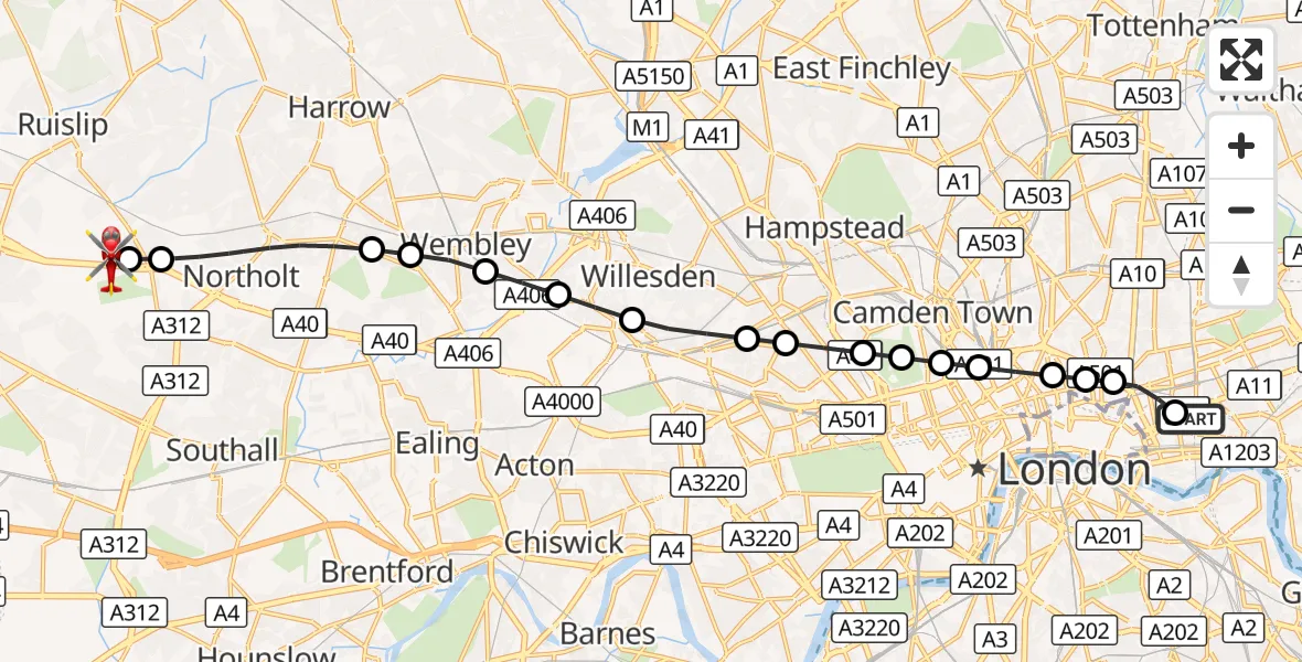 Flight route Air Ambulance Helicopter Royal London Hospital - RAF Northolt, 16 September 2026, 17:27