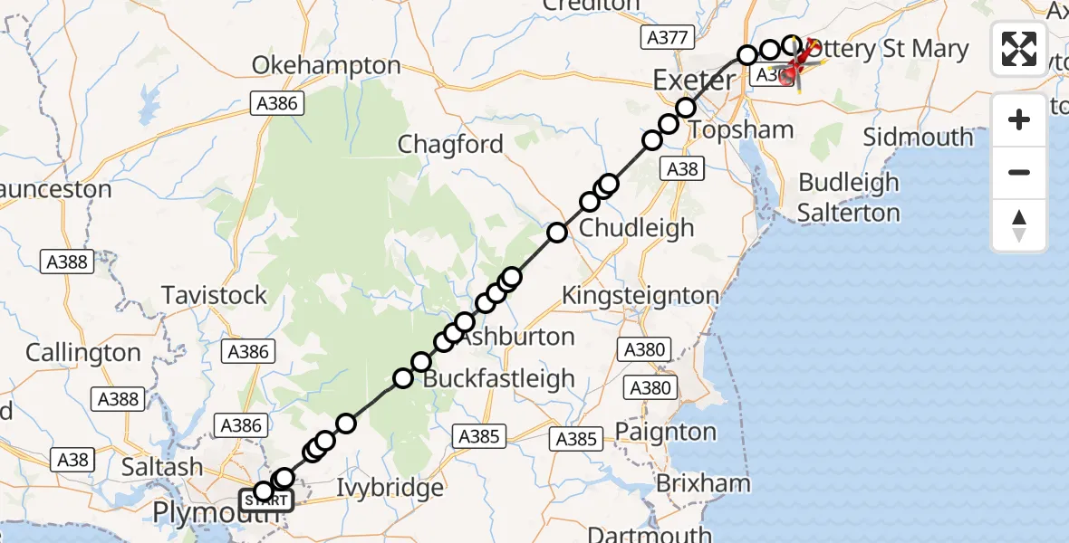Flight route Air Ambulance Helicopter Sherford - Rockbeare, 16 September 2026, 17:47