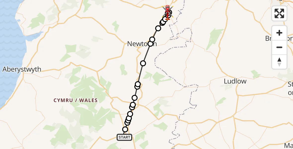 Flight route Air Ambulance Helicopter Builth Wells - Welshpool Airport, 16 September 2026, 17:56