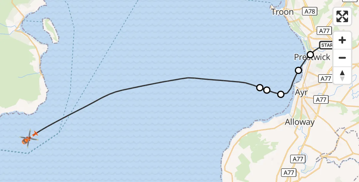 Flight route Coastguard Helicopter Glasgow Prestwick Airport - Inner Seas, 16 September 2026, 18:23