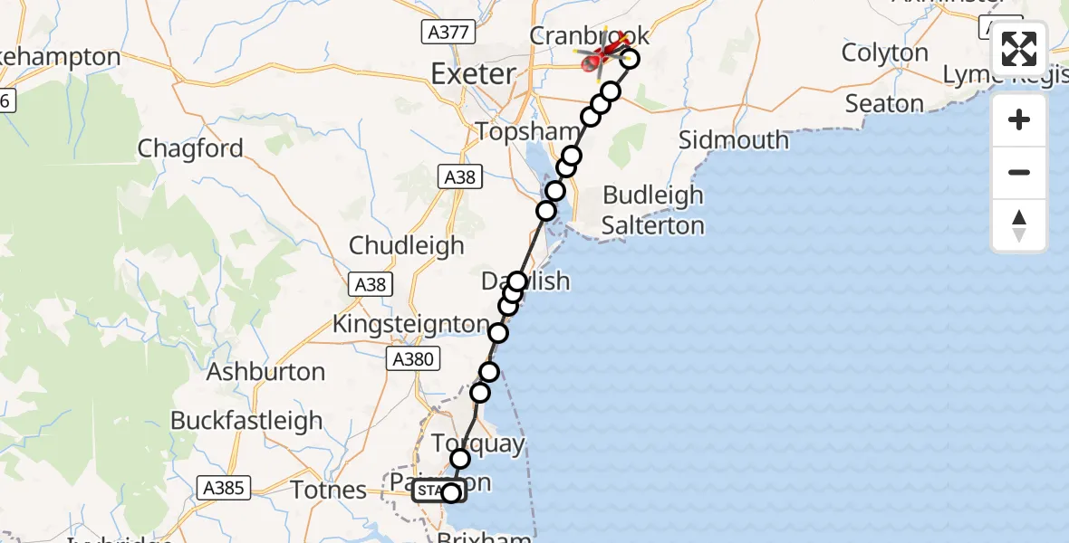 Flight route Air Ambulance Helicopter Paignton - Rockbeare, 16 September 2026, 18:52