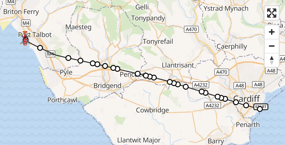 Flight route Air Ambulance Helicopter Cardiff Heliport - Sandfields East, 16 September 2026, 19:11
