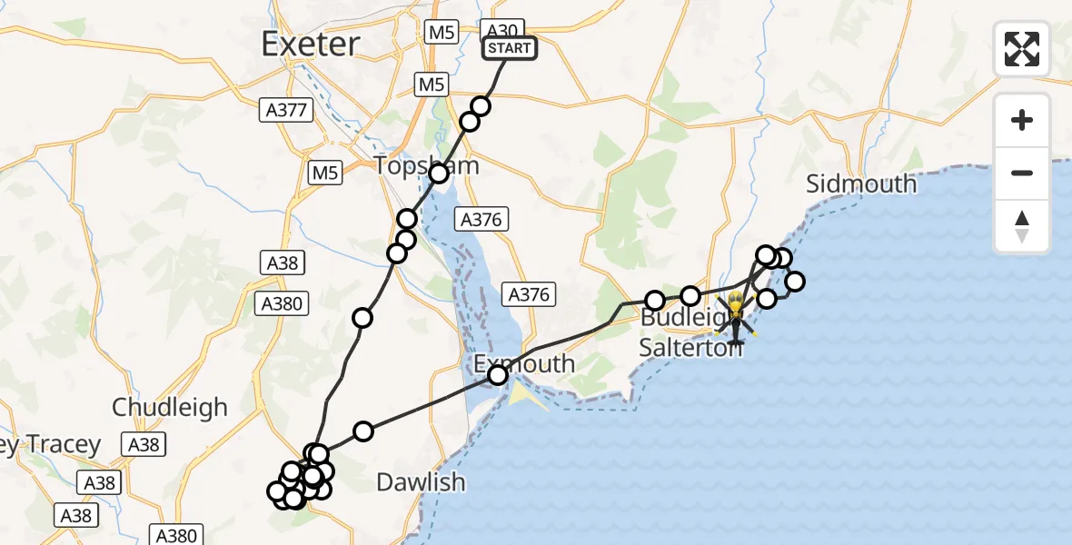 Flight route Police Helicopter Clyst Honiton - Budleigh Salterton, 16 September 2026, 19:12