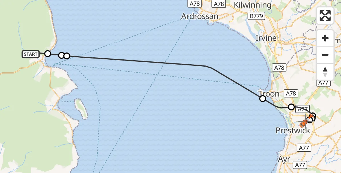 Flight route Coastguard Helicopter Brodick - Glasgow Prestwick Airport, 16 September 2026, 19:42