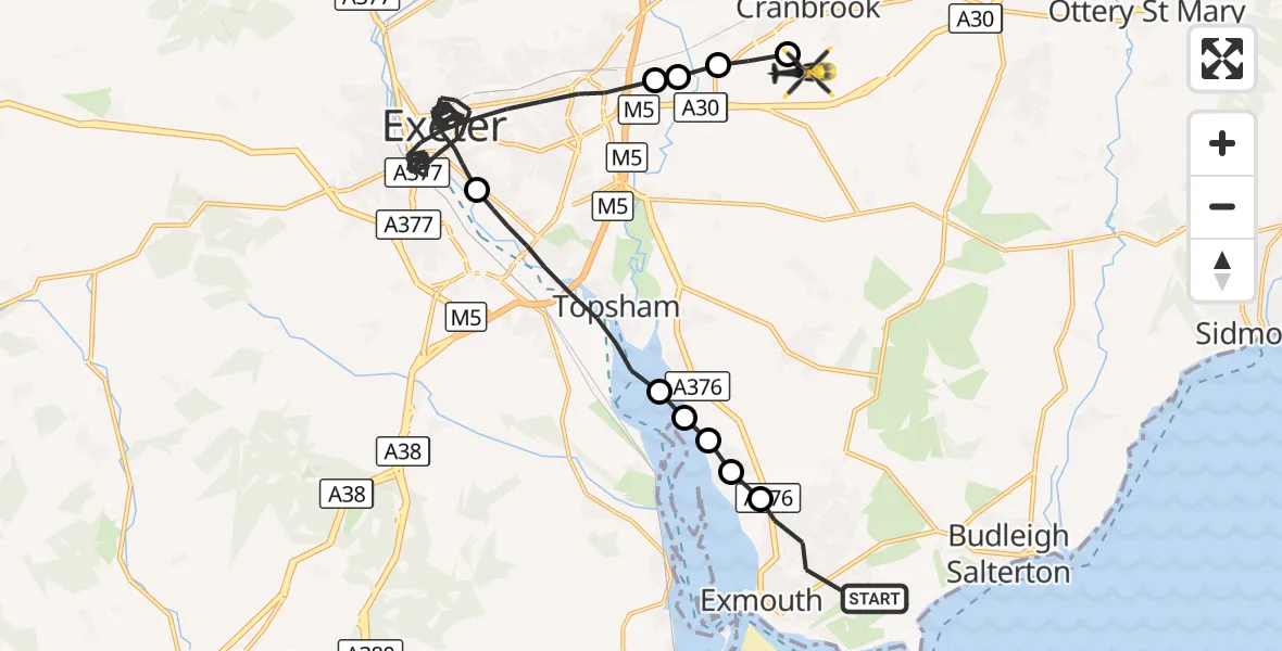 Flight route Police Helicopter Exmouth - Exeter International Airport, 16 September 2026, 19:45