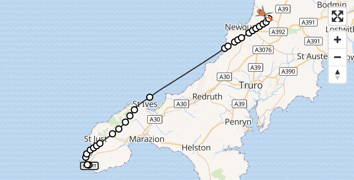 Flight route Coastguard Helicopter Sennen - Cornwall Airport Newquay, 16 September 2026, 19:52