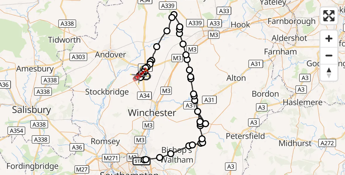Flight route Air Ambulance Helicopter Southampton Airport - Sutton Scotney, 16 September 2026, 20:04