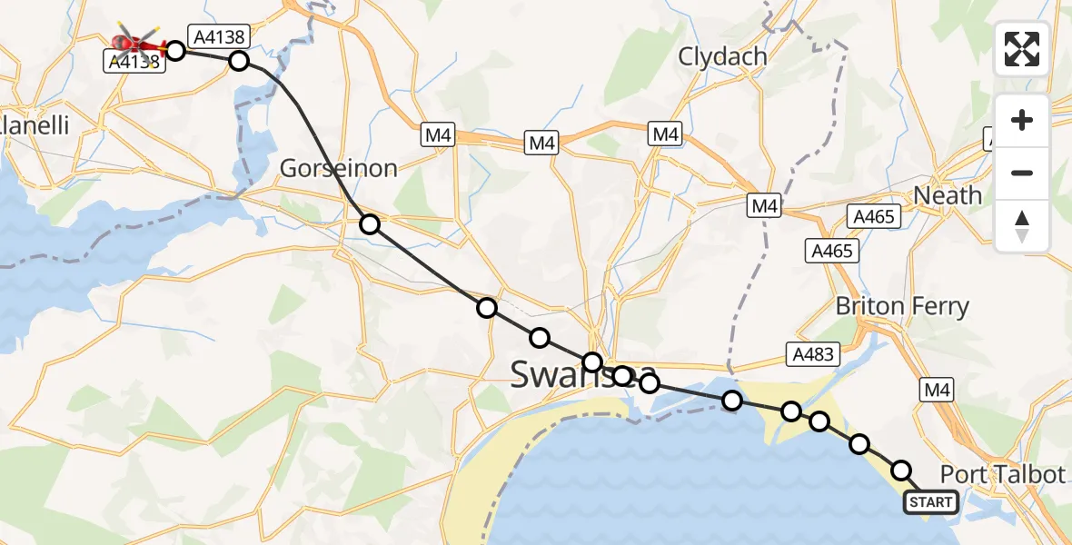 Flight route Air Ambulance Helicopter Sandfields East - Dafen, 16 September 2026, 20:35