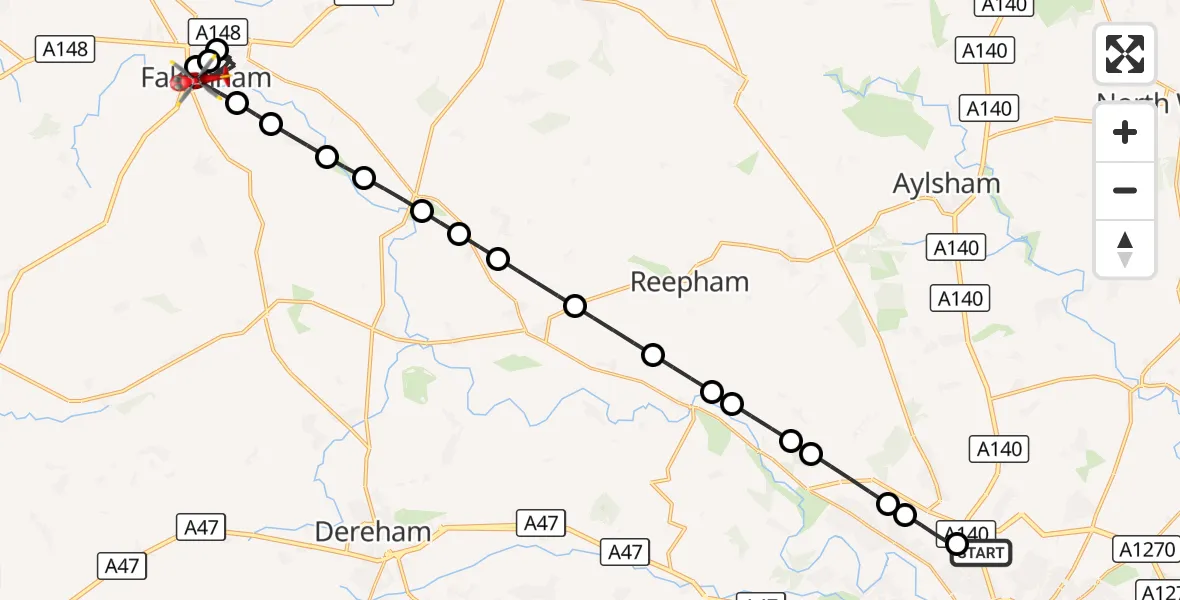 Flight route Air Ambulance Helicopter Norwich Airport - Fakenham, 16 September 2026, 20:47