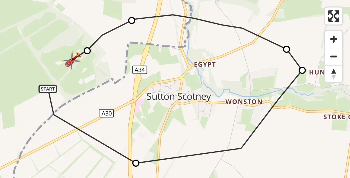 Flight route Air Ambulance Helicopter Barton Stacey - Sutton Scotney, 16 September 2026, 20:48