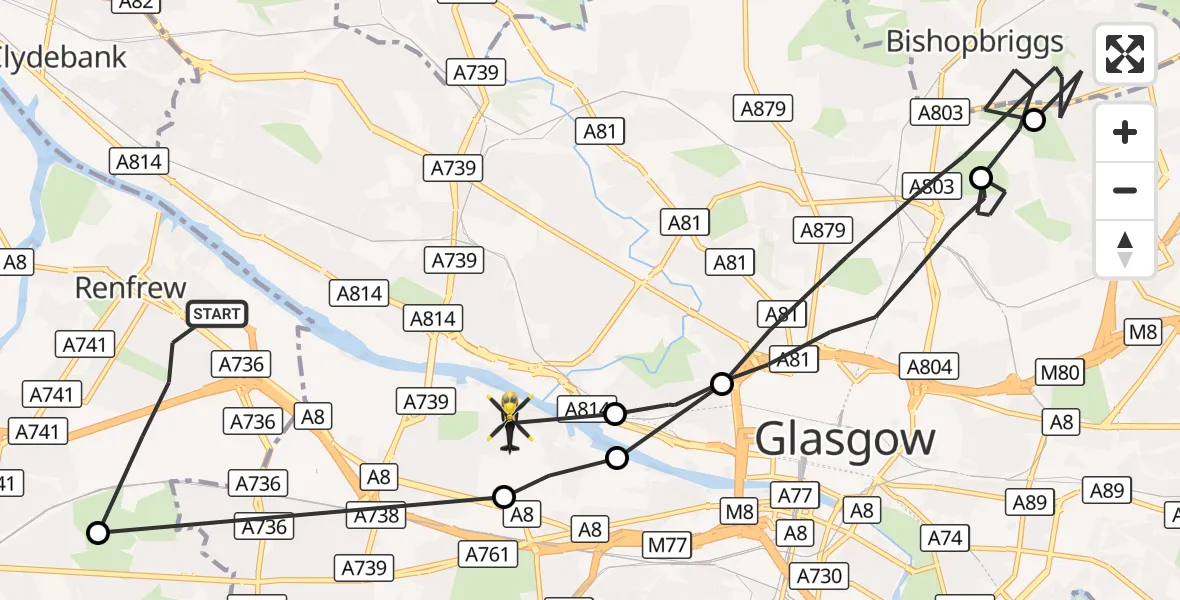 Flight route Police Helicopter Renfrew - Glasgow, 16 September 2026, 21:05