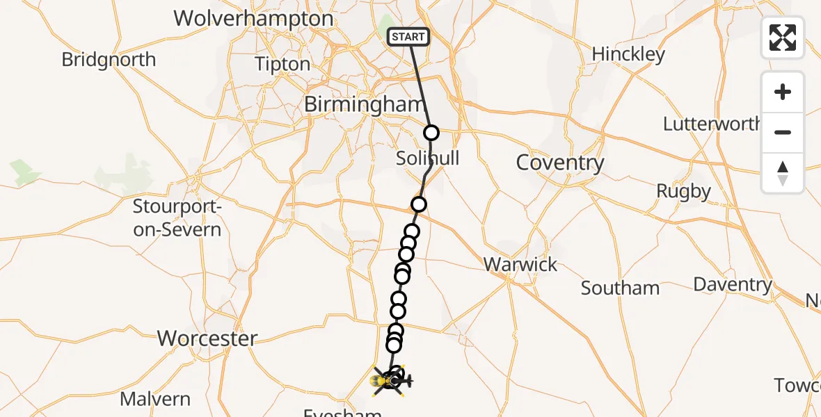 Flight route Police Helicopter Sutton Coldfield - Bidford Airfield, 16 September 2026, 21:12