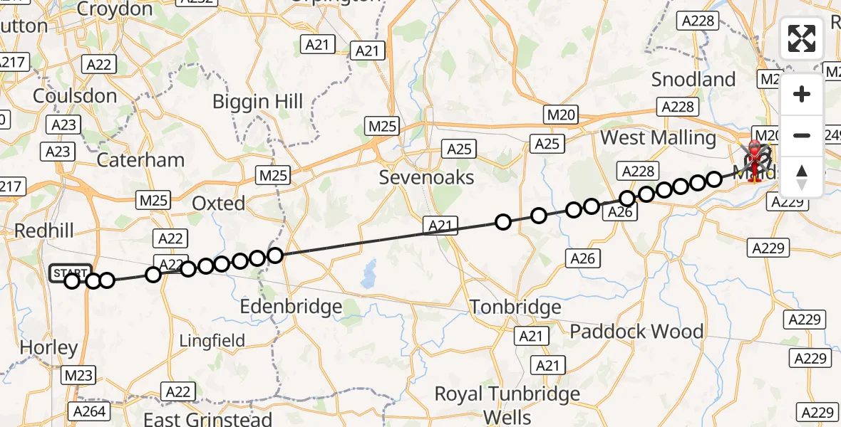 Flight route Air Ambulance Helicopter Redhill Aerodrome - Maidstone, 16 September 2026, 21:23