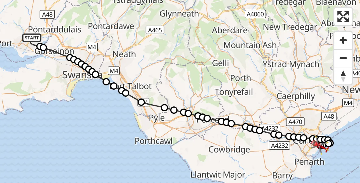 Flight route Air Ambulance Helicopter Dafen - Cardiff Heliport, 16 September 2026, 22:16