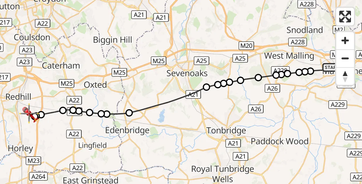 Flight route Air Ambulance Helicopter Maidstone - Redhill Aerodrome, 16 September 2026, 22:36