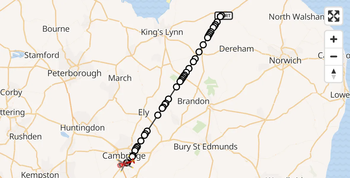 Flight route Air Ambulance Helicopter Fakenham - Papworth Hospital, 16 September 2026, 23:03