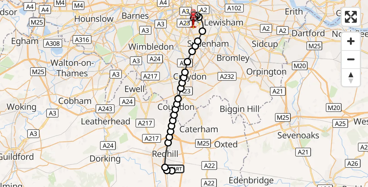 Flight route Air Ambulance Helicopter Redhill Aerodrome - Kings College London Hospital, 16 September 2026, 23:20