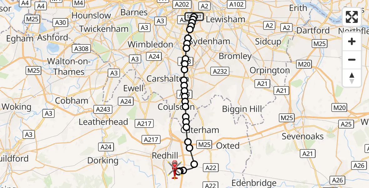 Flight route Air Ambulance Helicopter Kings College London Hospital - Redhill Aerodrome, 16 September 2026, 23:58