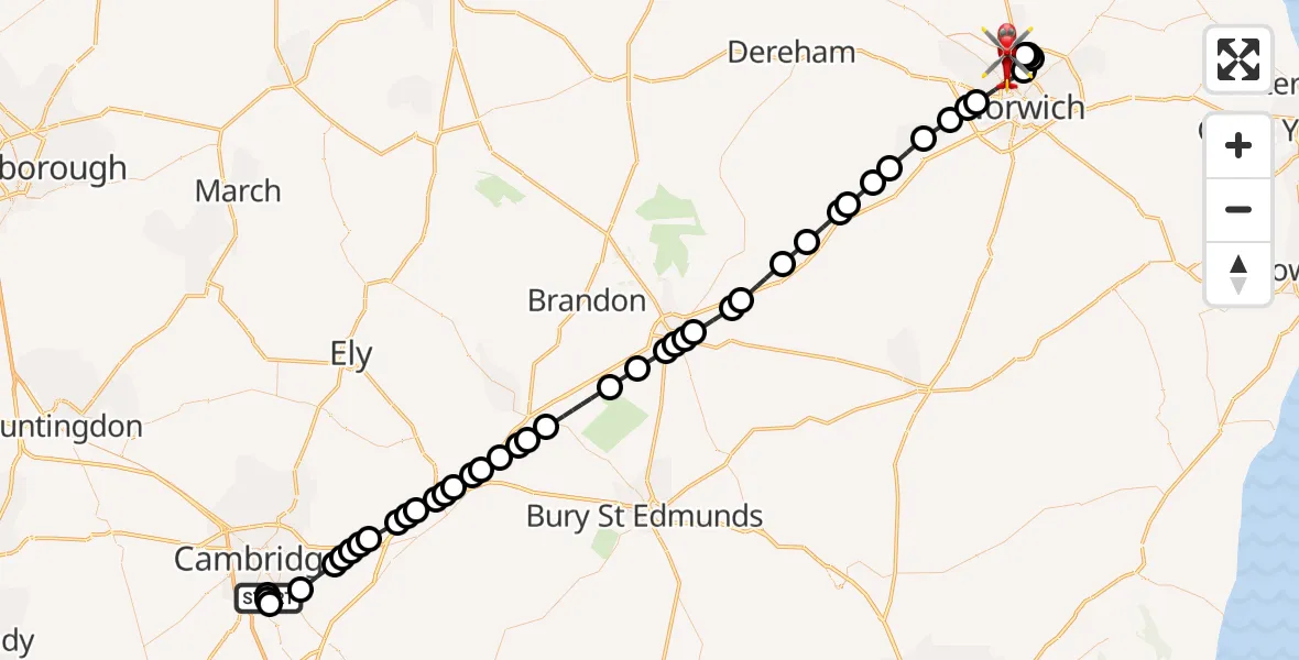 Flight route Air Ambulance Helicopter Papworth Hospital - Norwich Airport, 17 September 2026, 01:05