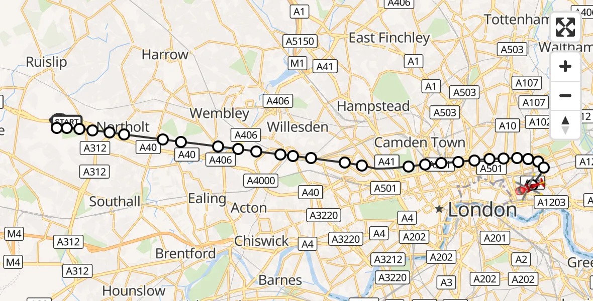 Flight route Air Ambulance Helicopter RAF Northolt - Royal London Hospital, 17 September 2026, 07:10