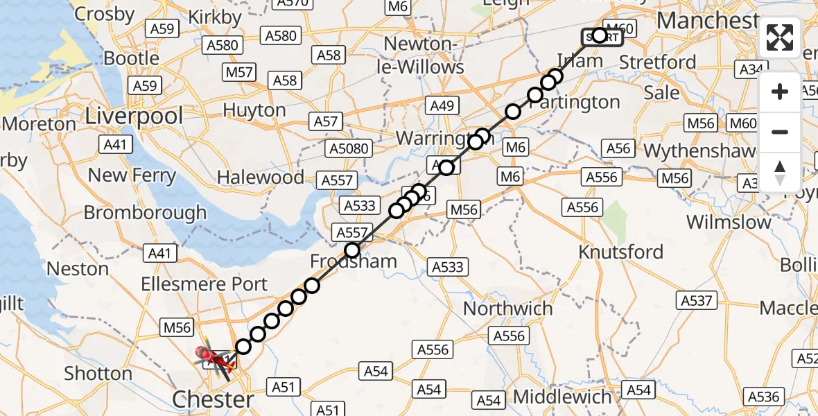 Flight route Air Ambulance Helicopter Manchester Barton Aerodrome - Chester, 17 September 2026, 07:18