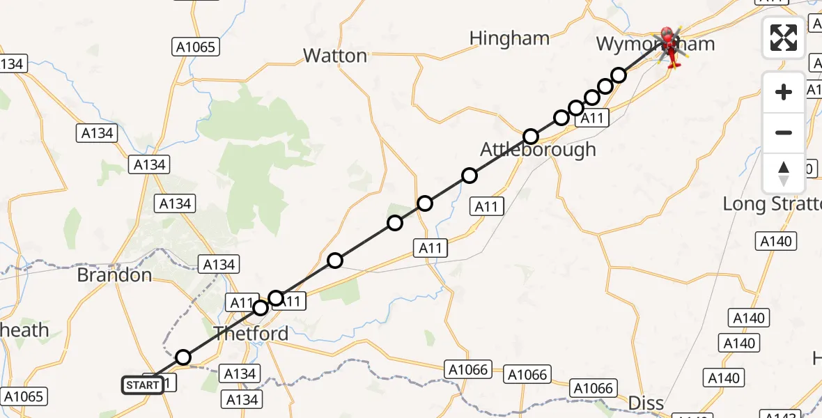 Flight route Air Ambulance Helicopter West Suffolk - Wymondham, 17 September 2026, 07:56