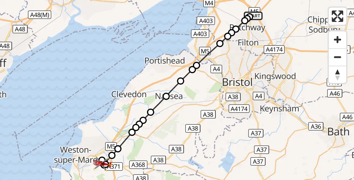 Flight route Air Ambulance Helicopter Almondsbury Helicopter Base - Weston-super-Mare, 17 September 2026, 07:58