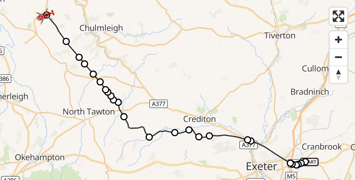 Flight route Air Ambulance Helicopter Exeter International Airport - Eaglescott Airfield, 17 September 2026, 07:59