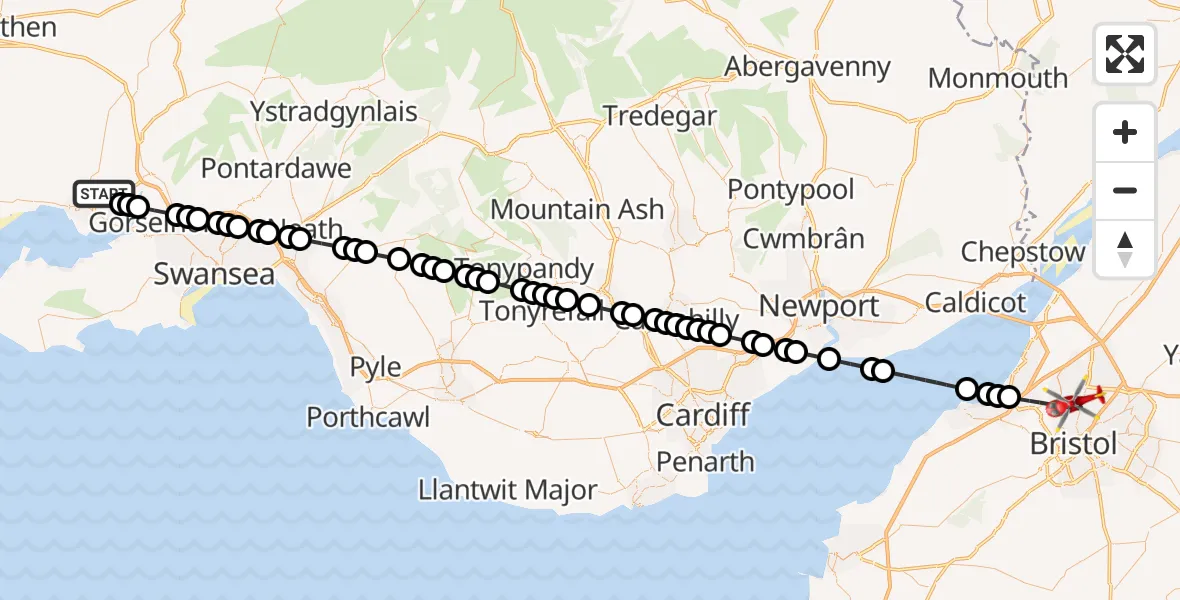 Flight route Air Ambulance Helicopter Dafen - Bristol, 17 September 2026, 08:04