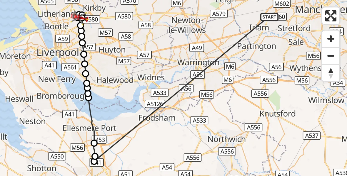 Flight route Air Ambulance Helicopter Manchester Barton Aerodrome - Aintree University Hospital Heliport, 17 September 2026, 08:05