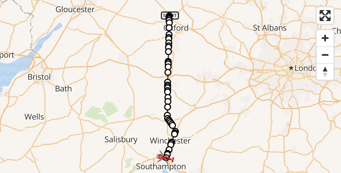 Flight route Air Ambulance Helicopter London Oxford Airport - Southampton Airport, 17 September 2026, 08:25