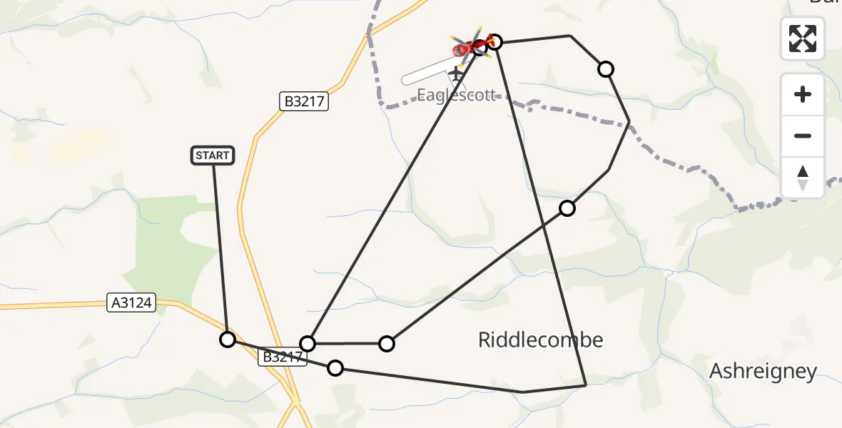 Flight route Air Ambulance Helicopter Roborough - Eaglescott Airfield, 17 September 2026, 08:31
