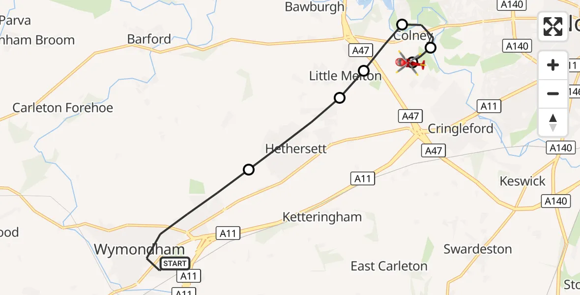Flight route Air Ambulance Helicopter Wymondham - Norfolk & Norwich Hospital, 17 September 2026, 08:37