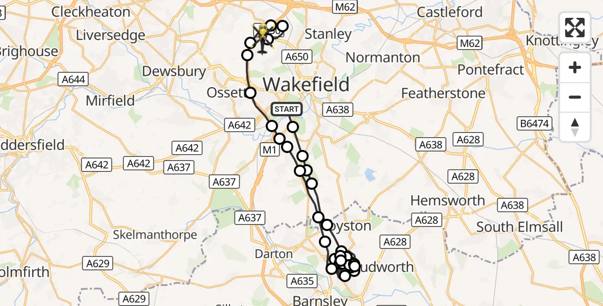 Flight route Police Helicopter Thornes - East Ardsley, 17 September 2026, 08:51