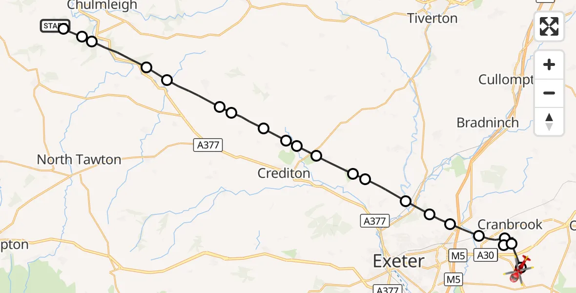 Flight route Air Ambulance Helicopter Winkleigh - Aylesbeare, 17 September 2026, 08:53
