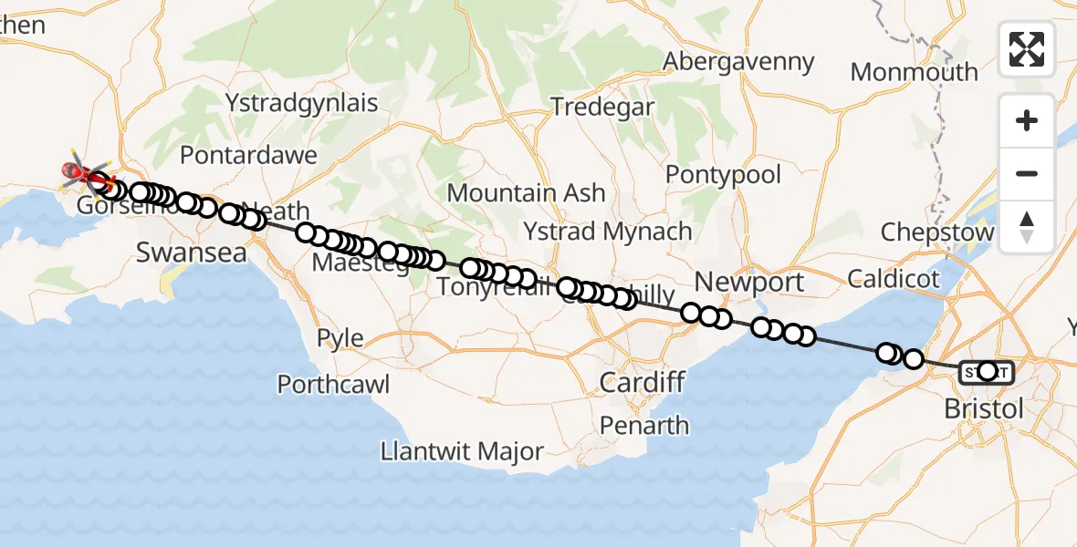 Flight route Air Ambulance Helicopter Southmead Hospital - Dafen, 17 September 2026, 09:13