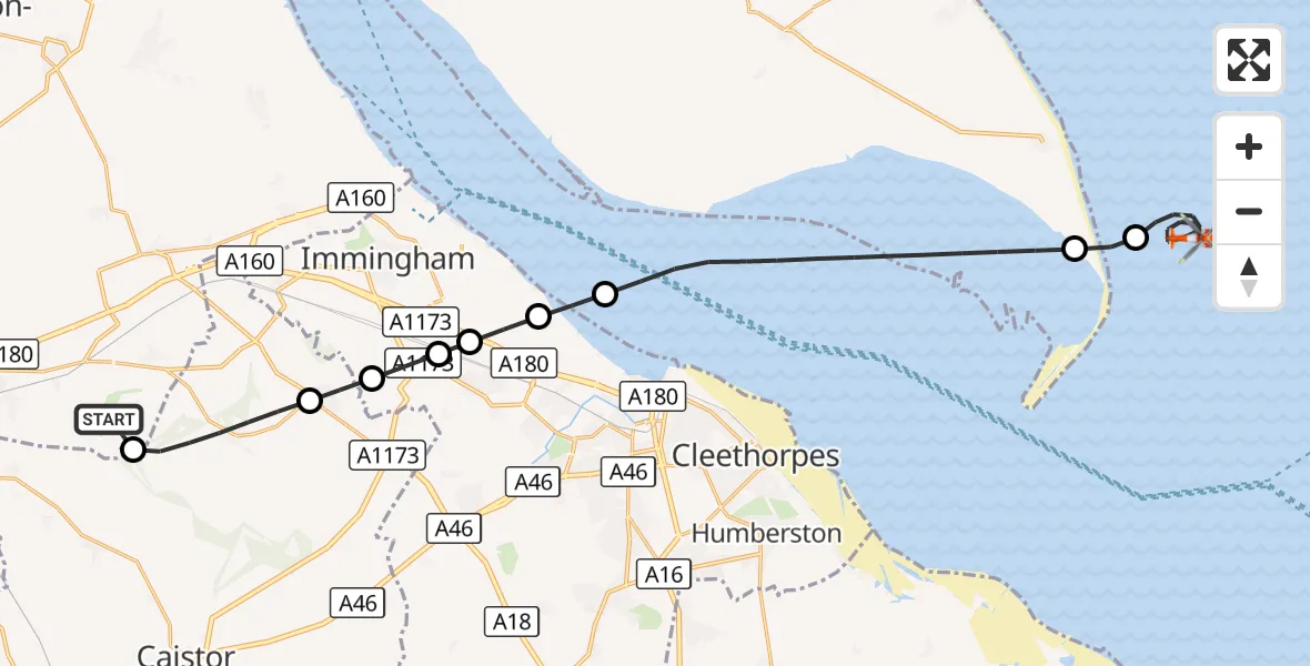 Flight route Coastguard Helicopter Humberside Airport - North Sea, 17 September 2026, 09:16