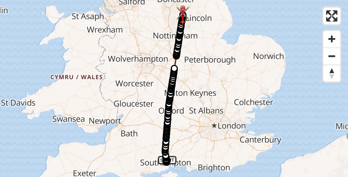 Flight route Air Ambulance Helicopter Southampton Airport - Retford Gamston Airport, 17 September 2026, 09:18