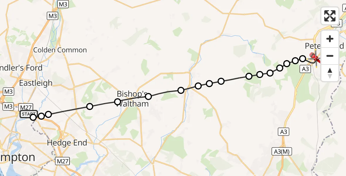 Flight route Air Ambulance Helicopter Southampton Airport - Petersfield, 17 September 2026, 09:32