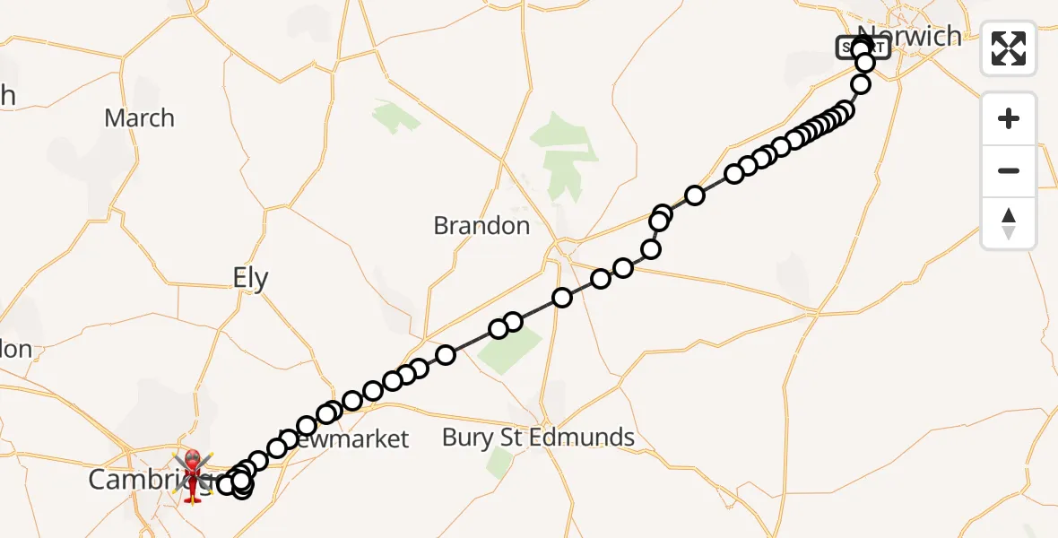Flight route Air Ambulance Helicopter Norfolk & Norwich Hospital - Cambridge City Airport, 17 September 2026, 09:36