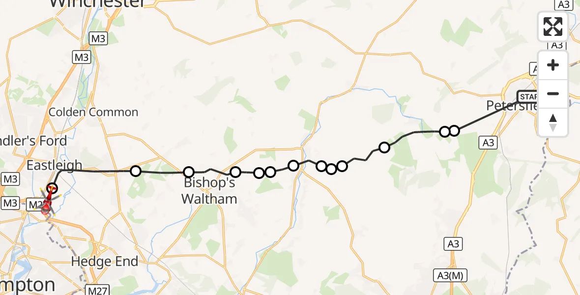 Flight route Air Ambulance Helicopter Petersfield - Southampton Airport, 17 September 2026, 10:12