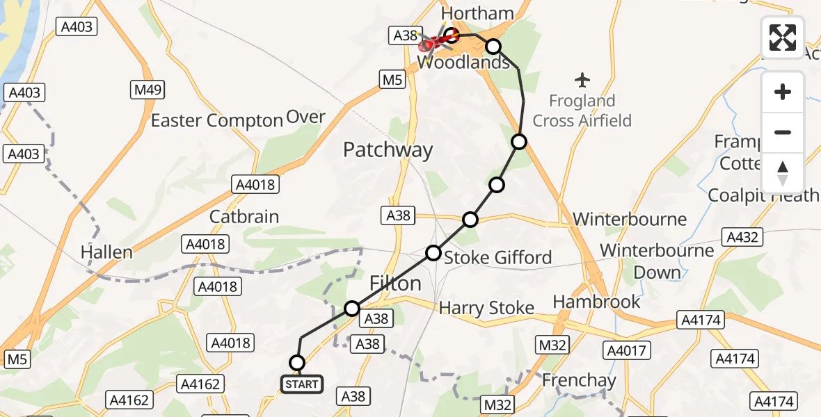 Flight route Air Ambulance Helicopter Southmead Hospital - Almondsbury Helicopter Base, 17 September 2026, 10:19