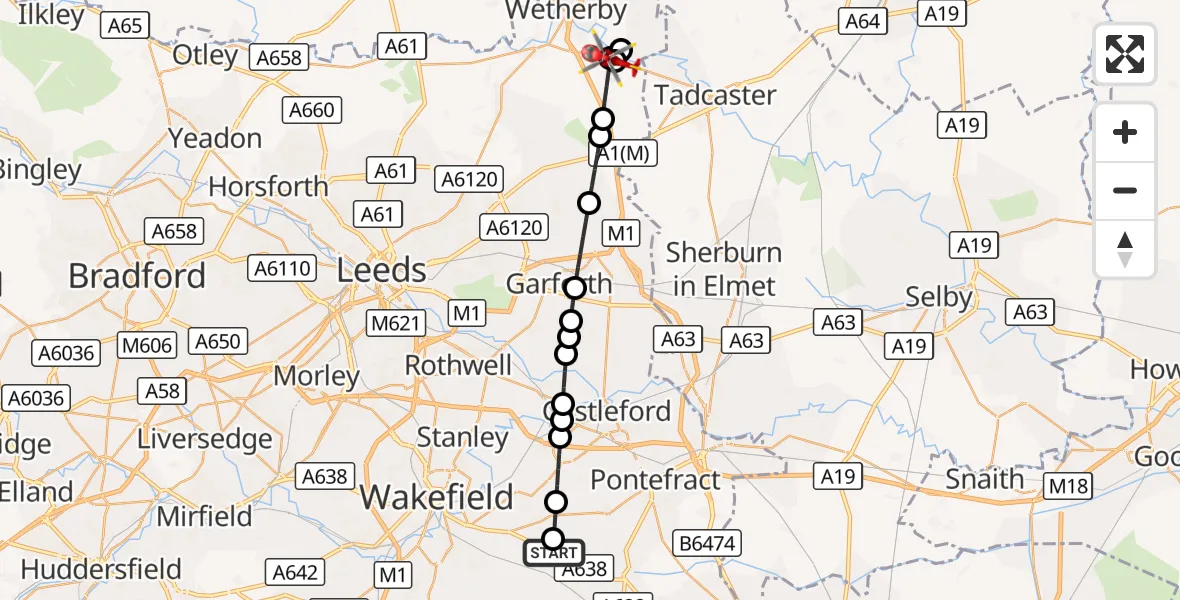 Flight route Air Ambulance Helicopter YAA Nostell Helicopter Port - Boston Spa, 17 September 2026, 10:35