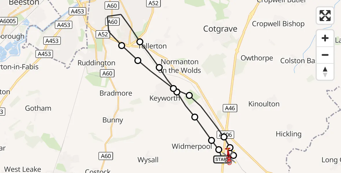 Flight route Air Ambulance Helicopter Nottingham Heliport - Nottingham Heliport, 17 September 2026, 10:36